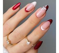 Almond Glossy Press On Nails with French Tip & Floral Design - Long Red Pink White Artificial Nails Set for Women, Reusable Acrylic Manicure Kit for Parties Events & Everyday Wear