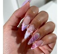 Almond Medium Press On Nails with French Tip & 3D Floral Design - 24PCS Glossy Full Cover Artificial Nails Kit in Lavender Pink Mauve Pastel Shades for Women Summer Party Wedding