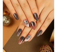 Almond Nail Tips With Glitter Ombre & Floral Rhinestones - Short Press On Artificial Nails For Elegant DIY Manicure In Nude Brown & Silver For Everyday & Special Occasions
