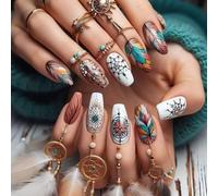Almond Nails Press Ons with Colorful Floral Patterns 24pcs Artificial Full Covers Stick on Accesories
