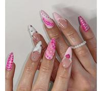 Almond Nails Tips Fake Glues on Stick on Heart Press on Artificial False for Womens Girls Stick on