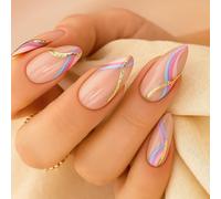 Almond Nude False Nails - Pink Blue Purple Ombre Wave Glitter Design, Short Medium Length Press-On Artificial Nails for Women, Elegant Smooth High Gloss Salon Quality Manicure Tips