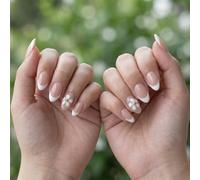 Almond Pink Nude French Tip Glossy Press-On Nails with 3D Floral Accents - Short Reusable Fingernail Stickers for Women Girls, Classic White Floral Design for Everyday Wear Casual Occasions