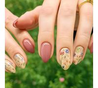 Almond Press-On False Nails, 24-Piece Rose Pink And Floral Full Cover Set | Glossy And Translucent Coordinated Styles, Assorted Sizes, For Everyday Home Manicures And Social Occasions