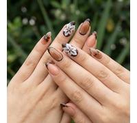 Almond Press-On False Nails, Glossy Brown Ombré Tips, Nude-Peach Base