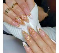 Almond Press-On False Nails, Nude Pink French Tips, 3D Floral Details | Glossy Mixed-Design Manicure Set, Gold-Tone Curved Borders And Star Motifs, For At-Home Wear, Parties And Dinners