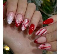 Almond Press-On False Nails, Red, White and Pale Pink, 24-Piece Set | Glossy seasonal designs with silver-toned glitter, snowflakes, curved stripes and bows, for home winter manicures and parties