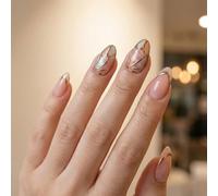 Almond Press-On False Nails, Soft Pink Nude, Gold-Toned Curved Linework