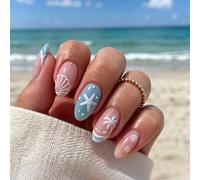 Almond Press on Manicure Set, Beach Blue White False Tips with Coastal Shell Detail, 24 Piece Glossy Pieces in 12 Sizes for Getaways