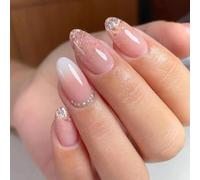 Almond Press-On Nail Tips, Pink Gradient, Nude And White, 24-Piece Set | Glossy Translucent Finishes, Iridescent Flakes And Clear Stone Details, Assorted Sizes, Matching Nails For Daily Wear