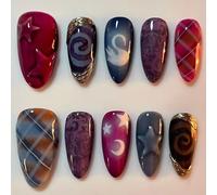 Almond Press On Nails - 24Pcs False Nails Medium Length with 3D Stars - Acrylic Fake Nails With Glue - Full Cover Handmade Stick On Nails for Women,Glue on Nail with Gilded Stars & Moon