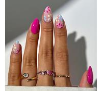 Almond Press on Nails - 24PCS False Nails Short - Hot Pink Stick on Nails for Women with Flower Design - Fake Nails with Glue - Full Cover Oval Acrylic Nails in 12 Sizes