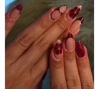 Almond Press On Nails Burgundy French Tip with Sparkling Crystals 24Pcs Velvet Luxury Design Short False Nails for Women Easy DIY Stick On Manicure Set for Autumn