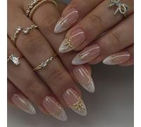 Almond Press On Nails French Tip, 24Pcs False Nails with Golden Line and Bow Design -Long Lasting French Tip Full Cover Glossy Home Manicure Almond Nails, Medium Long Stick on Glue Nail Art