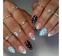 Almond Press On Nails Light Blue Black Nude French Tip & Polka Dot - Cute Short Retro False Nails with Adhesive Patches, Acrylic Manicure Kit for Everyday Wear