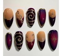 Almond Press On Nails, Long Nude And Purple Full-Cover Tips, 10-Piece Set | Glossy Finish, Gold-Toned Outlines, Gradient Panels, Spiral And 8-Point Motifs, Assorted Sizes, Home Or Evening Manicures