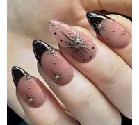 Almond Press On Nails Long Stiletto - Glossy Black French Tip with Glitter Diamond Stars, 12 Sizes Easy Apply Reusable False Nails Kit for Women, Includes Jelly Tool & Glue