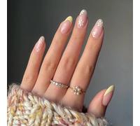 Almond Press On Nails Medium - 24Pcs False Nails with Daisy Flower Design - Oval Floral Yellow French Tip Fake Nails with Glue - Natural Glossy Full Cover Acrylic Stick on Nails for Women DIY Nail Art