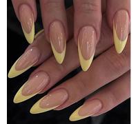 Almond Press on Nails Medium - 24Pcs French Tip Yellow Nude False Nails - Oval Fresh Fake Nail with Glue - Full Cover Summer Nail Removable Acrylic Stick On Nail for Women Nail Art Manicure Decoration