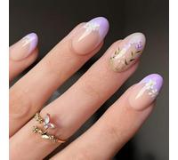 Almond Press on Nails Medium Fake Nails with Flower Design Glossy Purple French Tip Acrylic Nail White Daisy False Nail Reusable Full Cover Lilac Floral Nails Press ons for Women Manicure 24Pcs