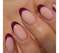 Almond Press On Nails Short - 24Pcs Red French Tip False Nails Nude Based - Wine Red Oval Fake Nails with Glue - Glossy Full Cover Acrylic Reusable Stick on Nail for Women Nail Art