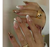 Almond Press on Nails Short Fall Fake Nails with Designs Press on Glossy French Tip Gel False Nails Kits Brown Acrylic Full Cover Stick on Nail for Women 24PCS (almond nails style2)