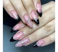 Almond Press on Nails Short Fall Fake Nails with Designs Press on Glossy French Tip Gel False Nails Kits Brown Acrylic Full Cover Stick on Nail for Women 24PCS (style15)