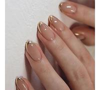 Almond Press On Nails Short, Pink Fake Nails with Elegantly Crafted Gold French Tips, Glossy Gel Finish, Thick Natural Reusable Glue On Nails Kit for Women 24Pcs, Golden French Chic