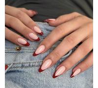 Almond Press On Nails Short - Red French Tip False Nails Nude Based - Stiletto Glossy Removable Fake Nails With Glue - Full Cover Acrylic Stick On nails For Women Girls Nail Art Gifts Accessories