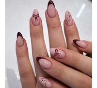 Almond Press-On Nails, Soft Pink And Burgundy French Tips, Glossy Finish | Pre-Designed Set, Bow And Fine-Line Motifs, Raised Details, For Everyday Manicures And Formal Occasions