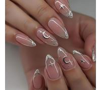 Almond Press On Nails - Stick On Nails With Silver Fench Tip - Silver Line Star & Moon Design Full Cover Nail - Glossy Middle 3d Fake Nails For Woman & Girls - 24PCS