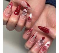 Almond Press on Nails with 3D Crystal Flowers, Reusable Stick on Nails for Women, Red False Nails Kit(K248（30pcs）)