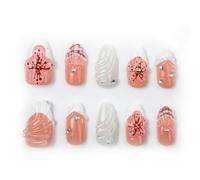 Almond Press on Nails with 3D Floral & Rhinestones, Reusable Stick on Nails for Women, Pink False Nails Kit(K169（30pcs）)