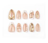 Almond Press on Nails with 3D Geometric Relief & Pearls, Reusable Stick on Nails for Women, Gold False Nails Set(K188（30pcs）)