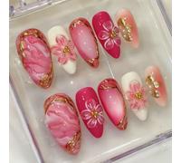 Almond Press on Nails with 3D Marble & Gold Leaf, Reusable Stick on Nails for Women, Pink False Nails Set(K112（30pcs）)