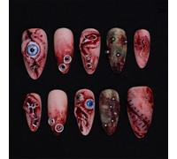 Almond Press on Nails with 3D Metal Rings & Eyes, Reusable Stick on Nails for Women, Gothic False Nails Kit(K070（30pcs）)