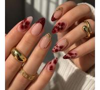 Almond Press-On Nails with Wine Red French Tip & Coffee Petal Floral Design - 24Pcs Nude Gradient Burgundy Gold Foil Glossy Nails for Special Occasions, Weddings & Manicure