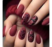 Almond Red Rose Design - Salon-Quality False Nails Short Elegant Touch Reusable Fake Nails for Women Daily Wear & Parties