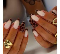 Almond Shape Glossy Nude Pink Dark Brown Smoky Gradient Short Press On False Nails - Full Cover ABS Material With Leopard Print Design For Easy Application Fashion Manicures
