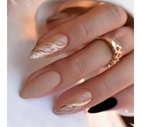 Almond Shape Press On Nails with Black Gold Marbled French Tips - 24pc Full Coverage Glossy Matte Artificial Nails Set in 12 Sizes with Accessories for Easy Application and Sophisticated Style