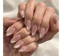 Almond-Shape Press On Nails With Translucent Nude Jelly Base - Modern Minimalist French Tip Accented With Micro-Glitter For A Sleek Look, Complete At-Home Manicure Kit For Low-Maintenance Nail