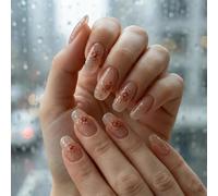 Almond Shape Transparent Base Press-On Nails with 3D Rhinestones & Gold Glitter Floral Design - Oval Tip Nude Blossom Artificial Nails Set of 24 for Women Summer Art Professional Manicure