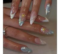 Almond-Shaped 3D Shell Star Ocean Press-On Nails with Blue White French Tip - 24PCS Glossy Iridescent ABS Reusable False Nails Set Including Application Tools for Summer Beach Elegant Manicure
