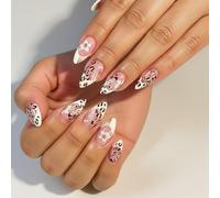 Almond-Shaped False Nails Set Pink White Leopard Print - Reusable Salon-Quality Press On With Rhinestone Floral Accent For Women Various Lengths Short Square To Long Styles