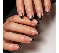 Almond Shaped False Nails With Black Geometric Honeycomb Pattern & Nude Pink Base - 24pcs Glossy Long Stiletto Artificial Nail Tips For Elegant Daily Wear, Parties & Special Occasions