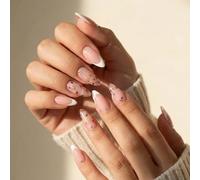 Almond-Shaped French Manicure Press-On Nails - Short False Nails With Soft Pink Base, White Tips, Floral Glitter Accents For Elegant Daily Wear And Special Occasions, Polished Glossy Finish