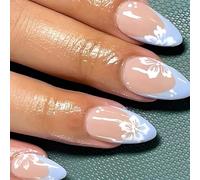 Almond-Shaped Glossy False Nails - Medium Length Press-On Nails with Nude Pink Base, Blue French Tip and Elegant White Floral Art Design for Women, Ideal for Daily Wear and Special Occasions