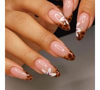 Almond Shaped Glossy Gradient False Nails with Leopard & White Floral Designs - Long Press On Nails for Women, Sophisticated for Daily Wear, Parties, Events, Easy Application & Stylish Manicure