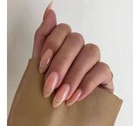 Almond-Shaped Glossy Press-On Nails with French Tip & Golden Arc Accent - Short Natural Length Safe Non-Acrylic Gel Manicure Kit for Women 24Pcs Nude Pink Easy Apply Handmade Salon-Quality