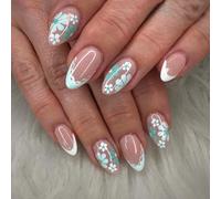 Almond Shaped Glossy Press On Nails with Green Floral Lace Design - 24PCS Short False Nails Featuring Mint White Motifs, Chic French Style Nude Base for an Elegant Manicure
